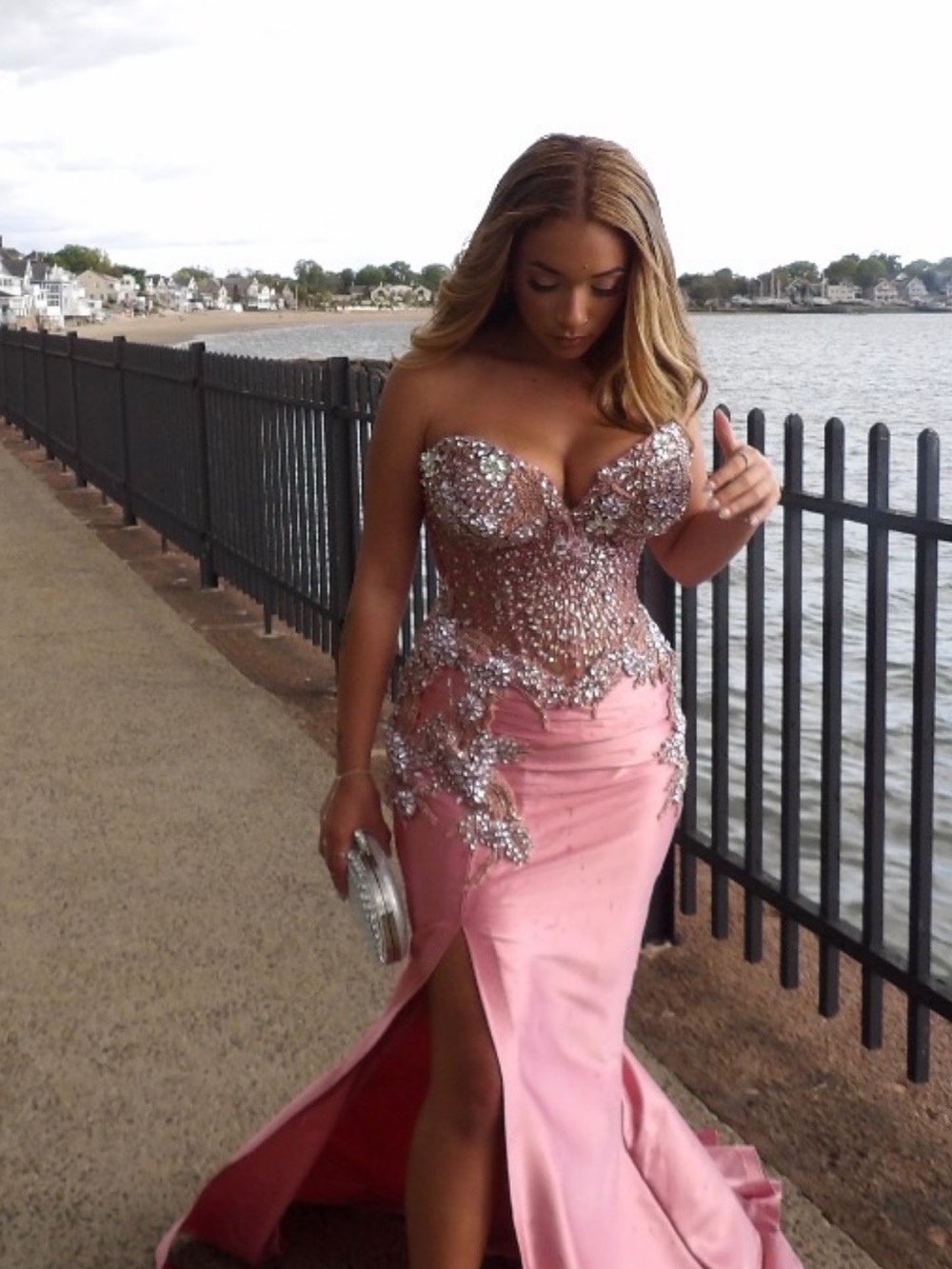 Custom Strapless Pink Embellished Mermaid Evening Prom Dress